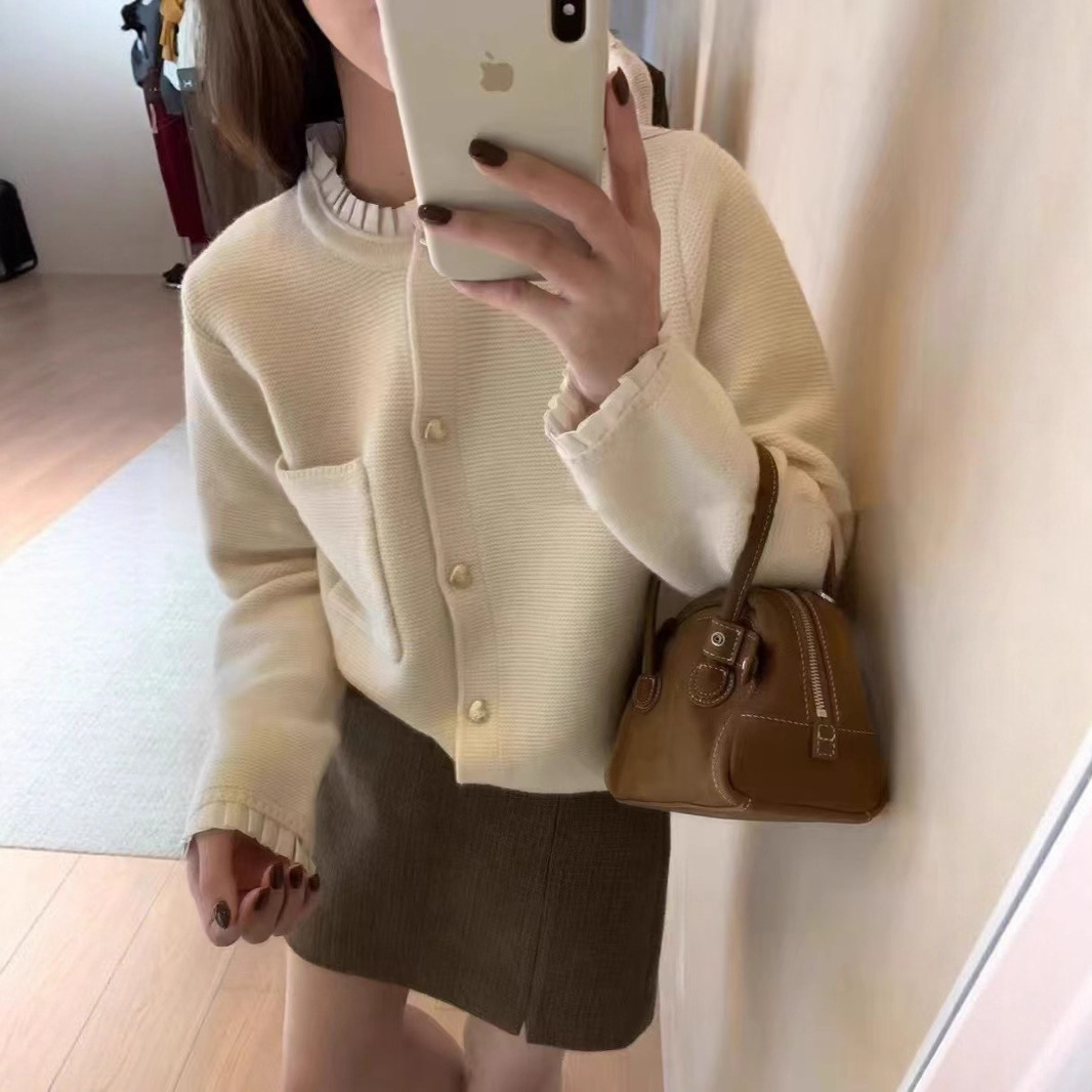 2025 Autumn New Korean Style Ruffled Round Neck Sweater Women's Fashion Gentle Style Niche Knitted Cardigan Jacket Women