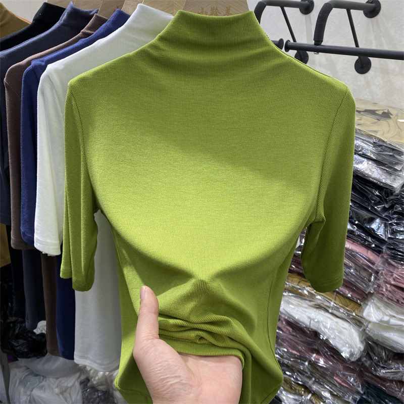 女性用ボトリングシャツ、夏用スリムフィットミッドスリーブトップ、ファッショナブルな2025新しいライト大人スタイルのハーフタートルネックセーター|undefined