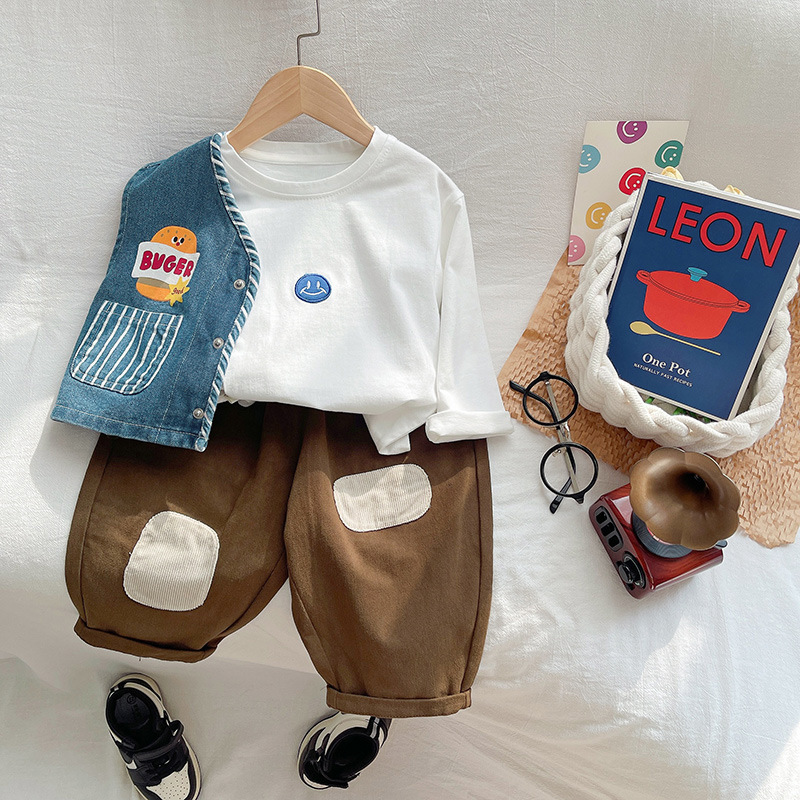 Knock cute ~ set de ropa de otoño para niños hamburguesas impresión chaleco de vaquero chico guapo chaleco de primavera y otoño sin mangas