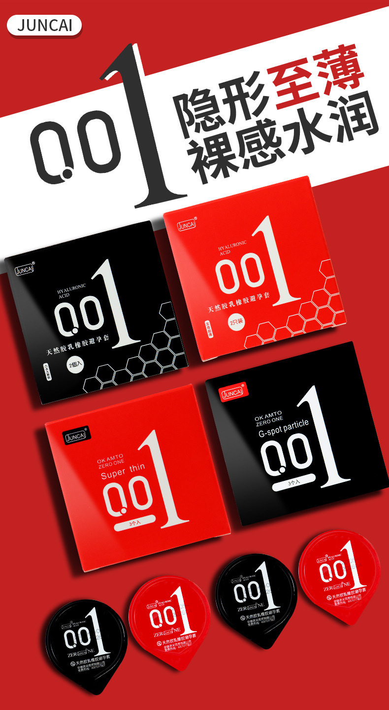 Juncai 001 Latex Condoms, Ultra-Thin Textured and Smooth, Medium, 2/3 Pack — detail image 1