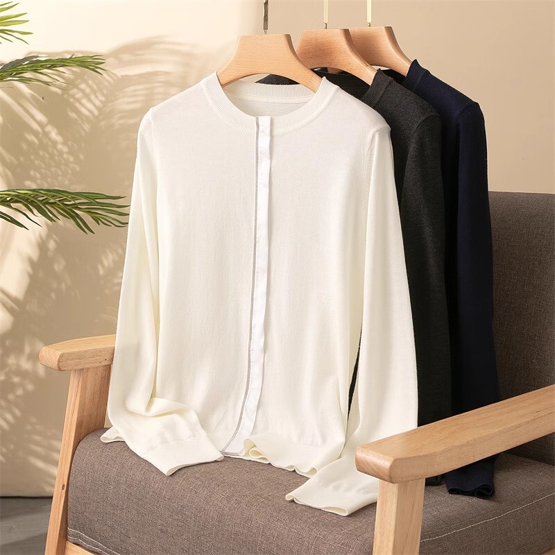 B*C Wool Blend Beaded Chain Woven Patchwork Round Neck Long Sleeve Knit Cardigan Color-Block Thin Sweater Fine Wool