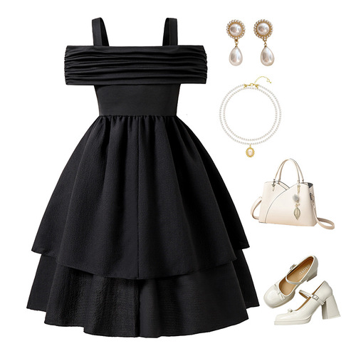 Girls' Dress, Children's Clothing, Summer New Arrival Off-Shoulder Strappy Pleated Double-Layer Flared Princess Dress