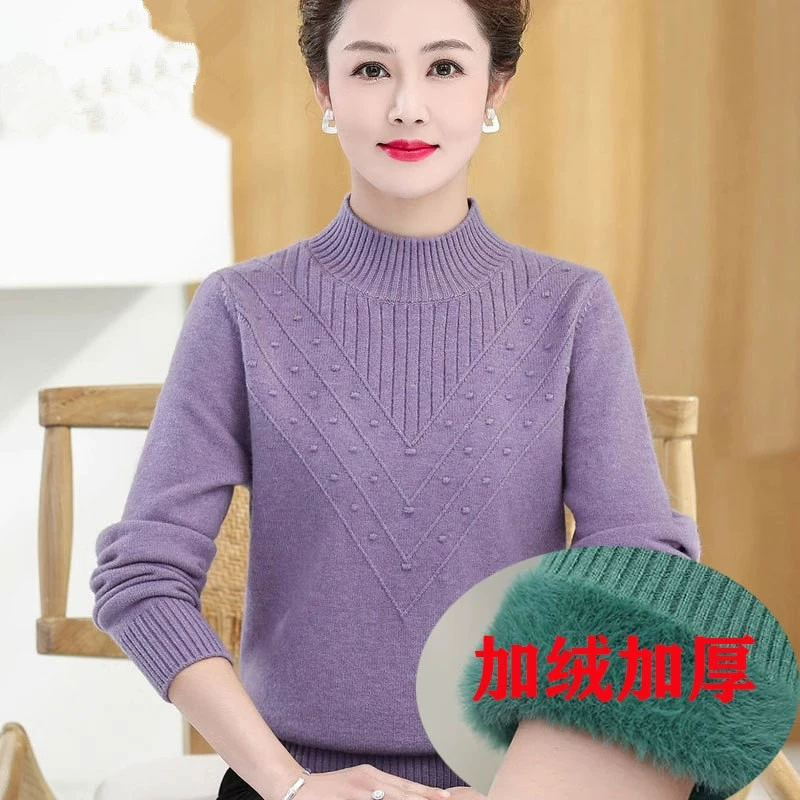 Женская трикотажная одежда с воротником-стойкой для женщин среднего и старшего возраста, новая модель для мам 40 лет, стильная нижняя одежда, однотонный утолщенный свитер.