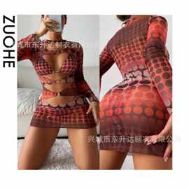 东升达2023欧美波点镂空三件套长袖网纱比基尼泳衣女套装时尚性感
