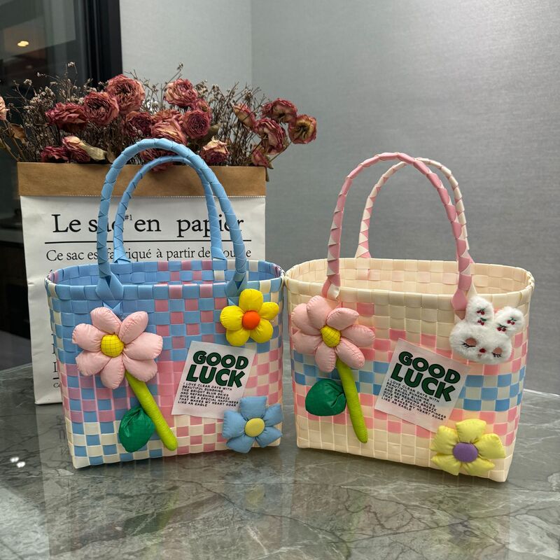 New Plastic Woven Gift Basket Bag Handbag Accompanying Gift Basket Fresh Style Beach Bag Tote Women's Bag New Plastic Woven Gift Basket Bag Handbag Accompanying Gift Basket Fresh Style Beach Bag Tote Women's Bag