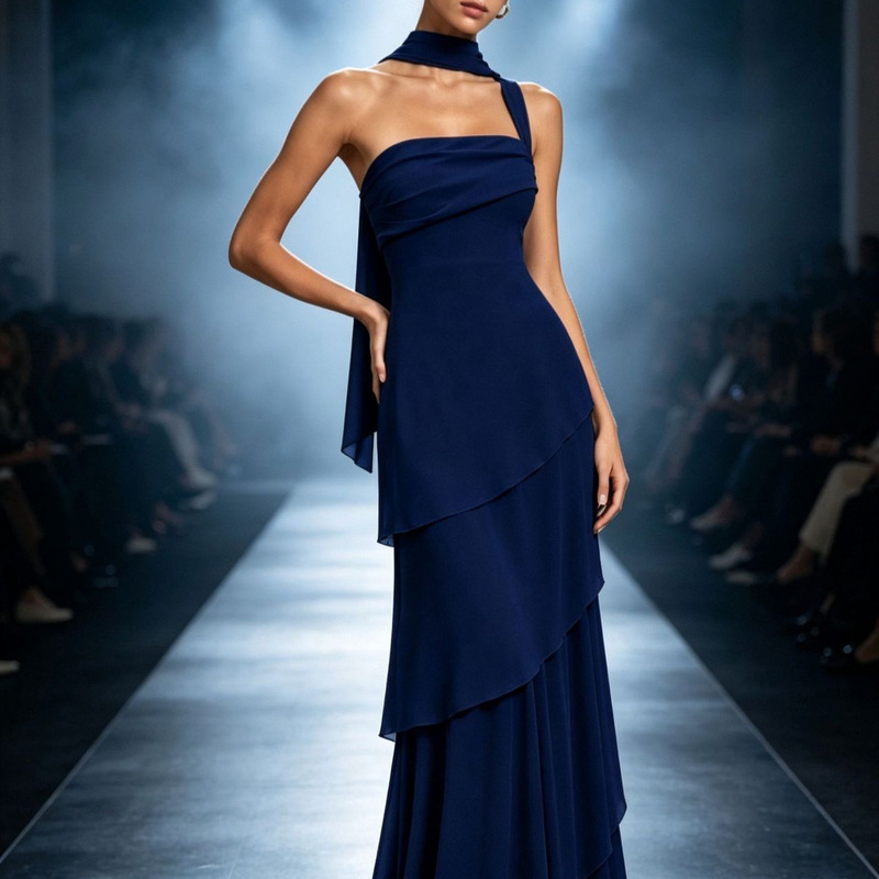 2026 European and American cross-border style, lightweight luxury halter-neck evening dress with flowing straps, chiffon asymmetrical layered design, and a fitted waist, long dress 2026 European and American cross-border style, lightweight luxury halter-neck evening dress with flowing straps, chiffon asymmetrical layered design, and a fitted waist, long dress