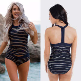 2021新款欧美分体条纹拼接露背亚马逊性感泳衣女沙滩比基尼泳装女