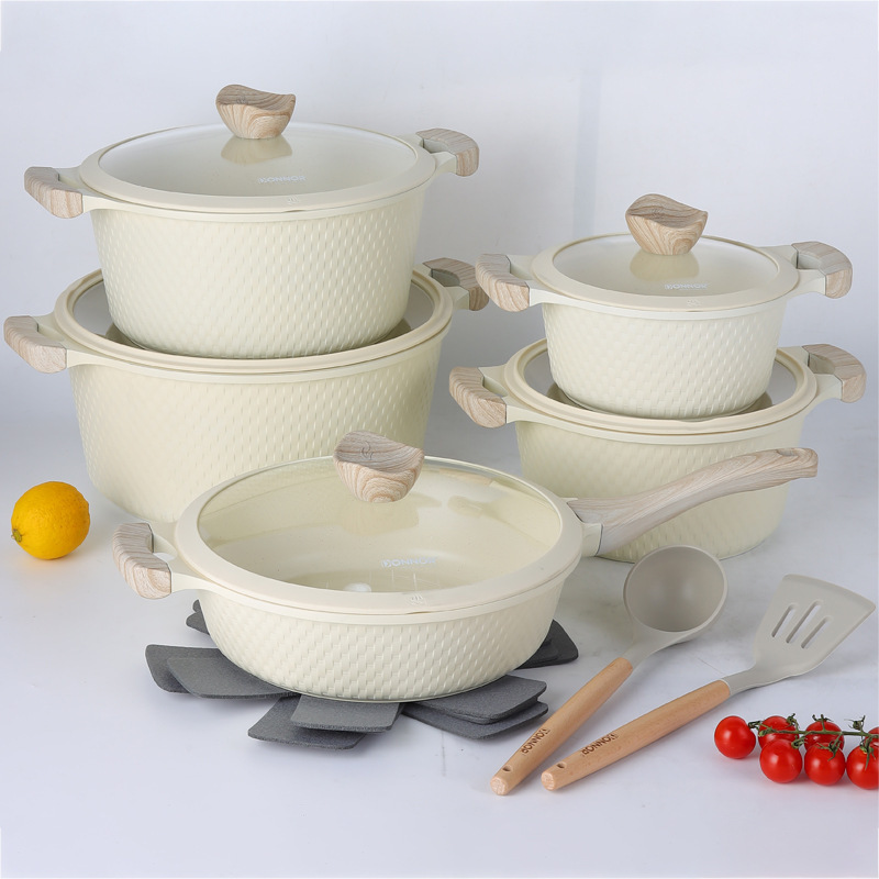 Juego de 15 piezas de patrón tejido DONNOR olla antiadherente de fundición a presión de aluminio de vidrio de baquelita olla de aluminio olla de sopa piedra médica granito