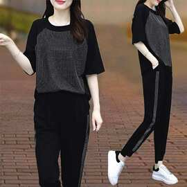 2026款夏季高端大码胖妹妹显瘦运动服套装洋气女士减龄烫银两件套