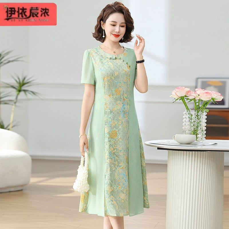 Оптовая продажа высокого качества с короткими рукавами платье мама платье лето новая женщина среднего возраста широкая жена cheongsam юбка