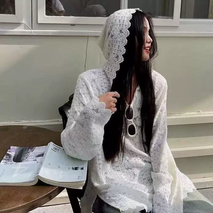 Кружевной шелковый поло, вязаный свитер с капюшоном, весна с длинным рукавом, тренд сезона