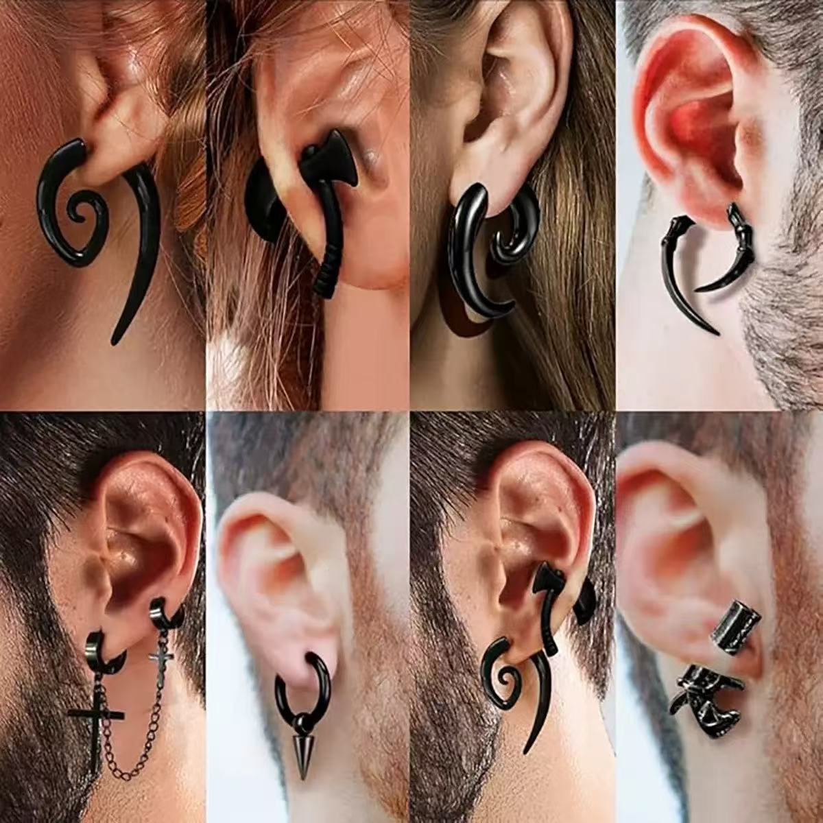 Boucles d'oreilles tendance noires punk en acier titane pour hommes, clous d'oreilles personnalisés et géométriques, bijoux percés style urbain_voghion.com