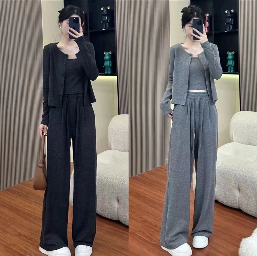 Autumn Thin Cardigan Knit 3-Piece Set — Cardigan, Tank, Wide-Leg Trousers, Loose Fit
