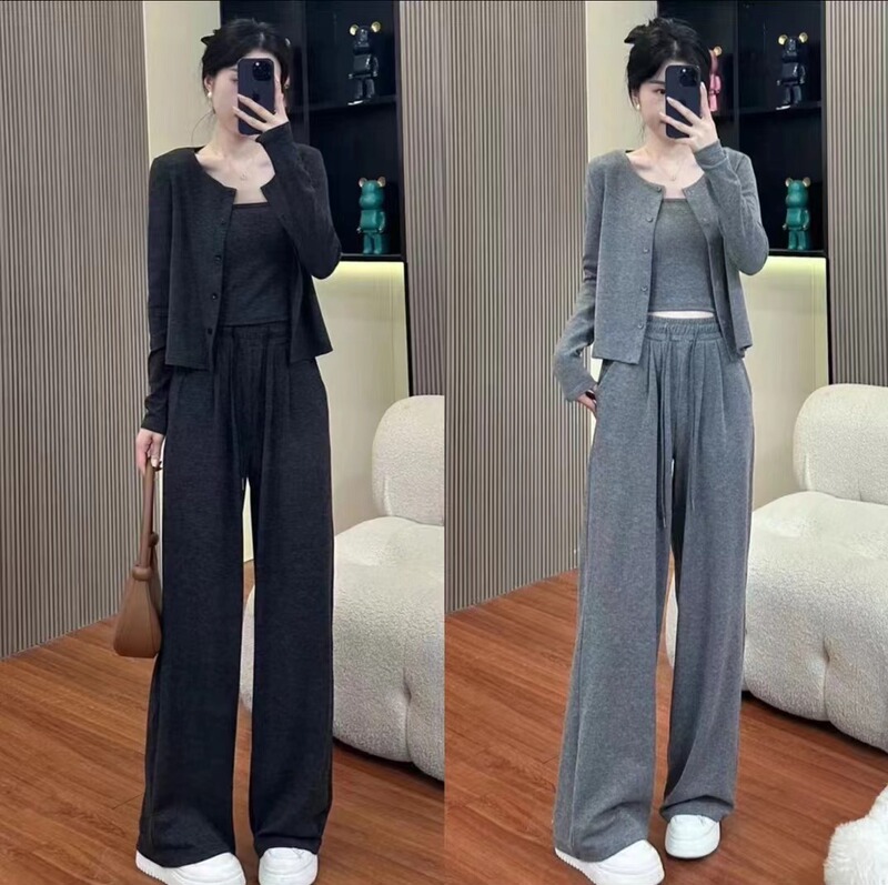 Early Autumn New Thin Cardigan Sticky Rice Three-piece Set Women's Knitted Loose Lazy Style Sling Cardigan Wide Leg Pants Three-piece Set