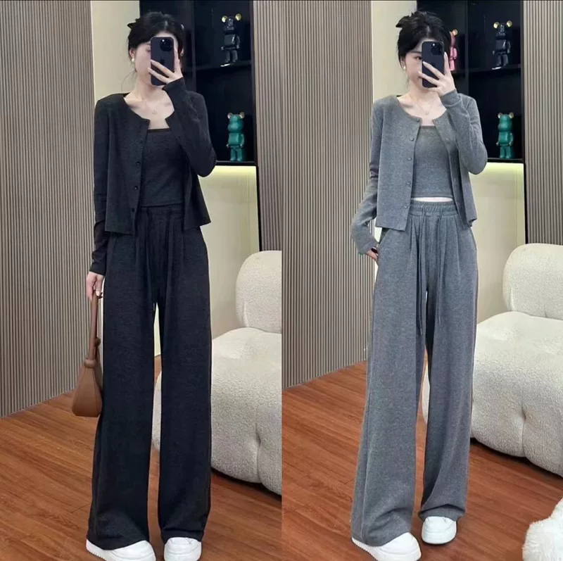 Autumn Thin Cardigan Knit 3-Piece Set — Cardigan, Tank, Wide-Leg Trousers, Loose Fit