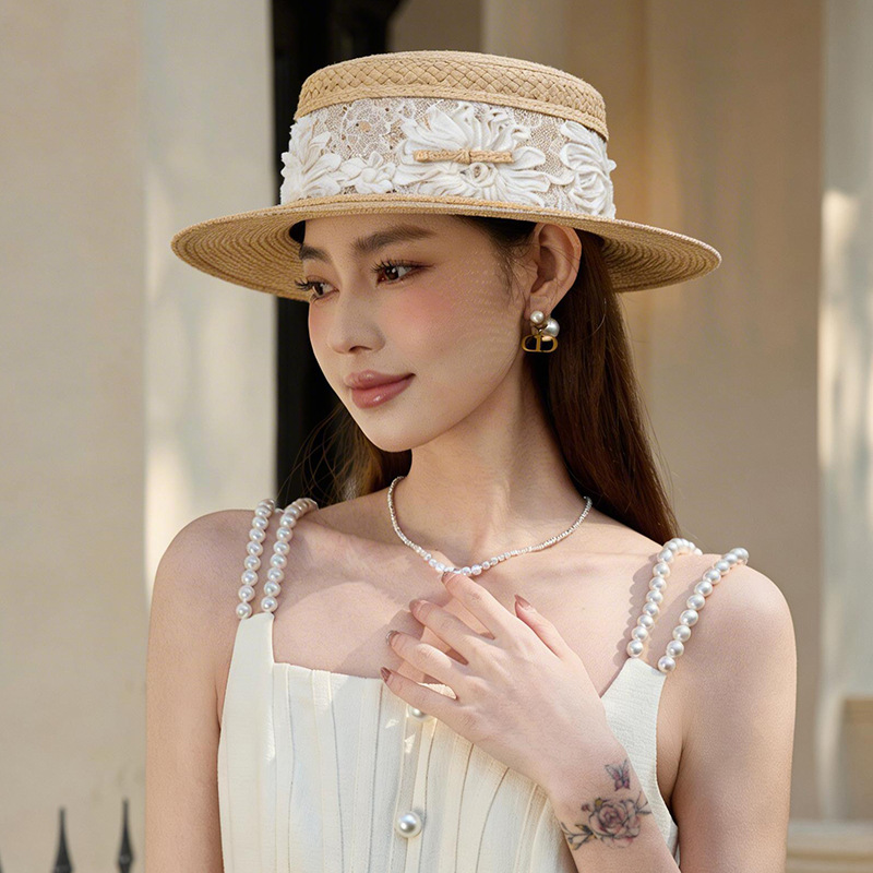 Mũ rơm phẳng đầu phong cách Pháp nữ tính, che nắng đi biển mùa hè — màu đen