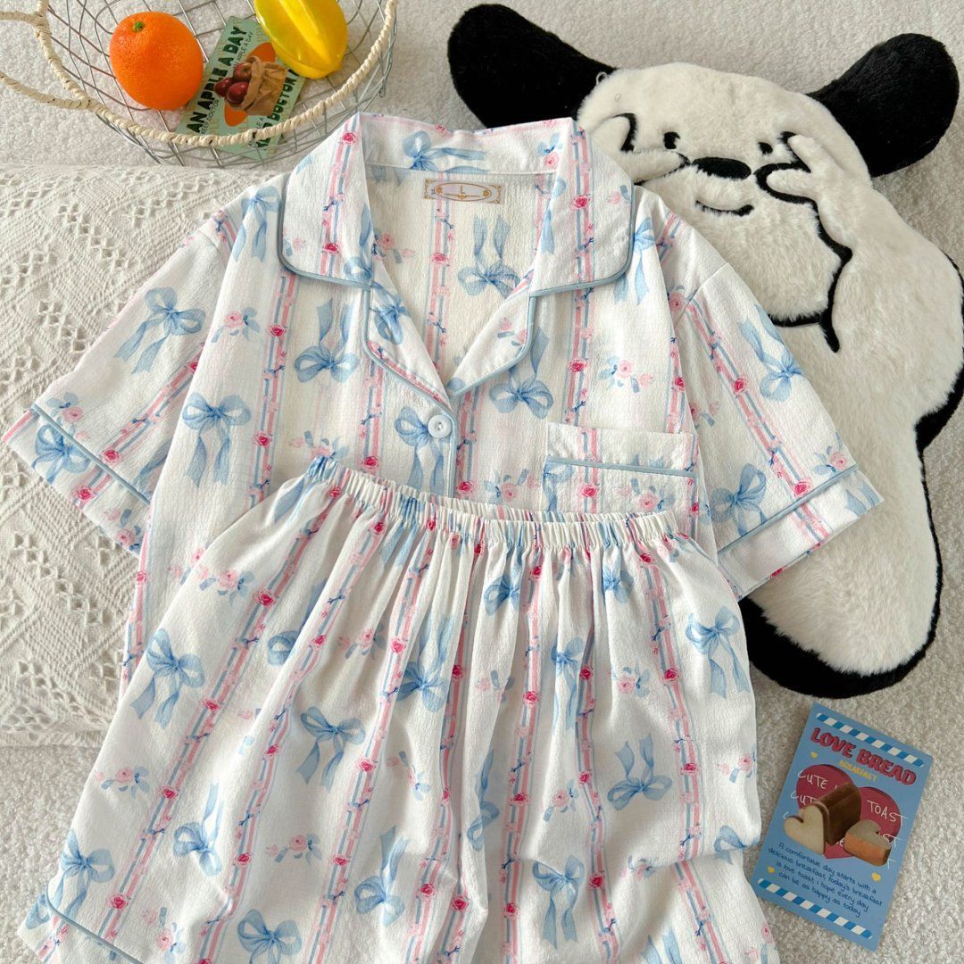 Pijamas al por mayor transfronterizos traje de verano para mujer cárdigan de solapa dulce pantalones cortos delgados de manga corta ropa de hogar de espuma para estudiantes