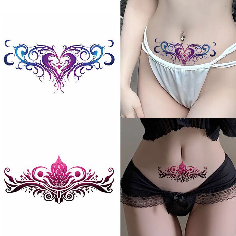 Sexy waist and abdomen totem tattoo sticker, gradient heart, lotus, and grass pattern waterproof sticker for lower abdomen