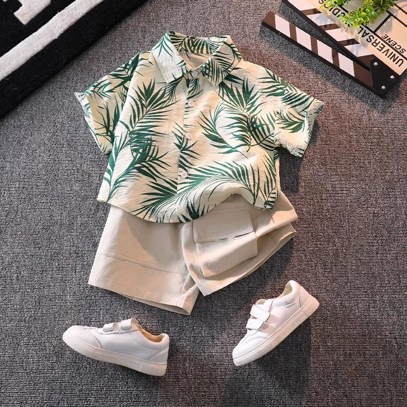 0-5 years old children's short sleeve suit boys summer seaside casual shirt clothes baby Hong Kong style boys shorts