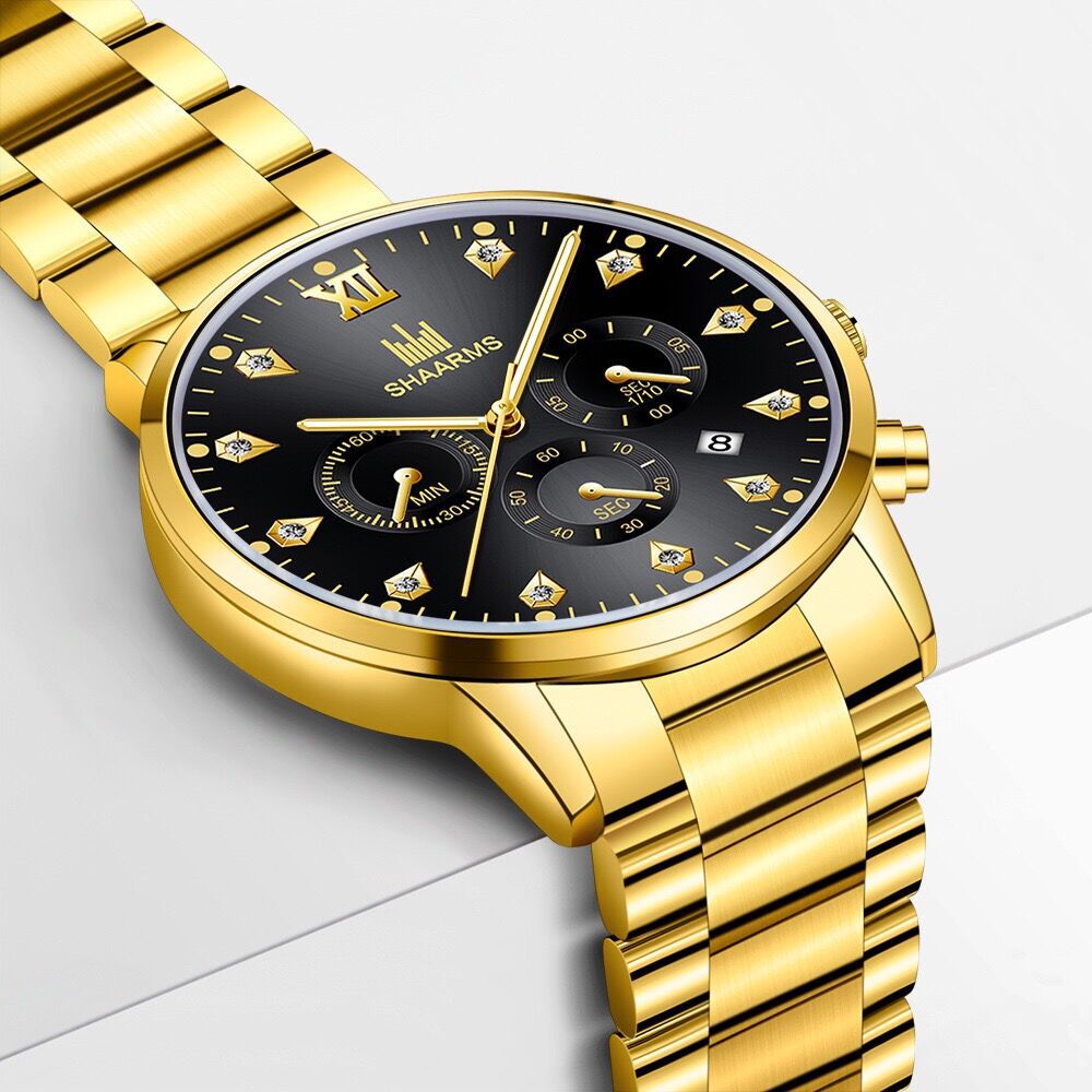 Factory Direct Supply of Fake Three-Eye Men's Casual Diamond Scale Business Calendar Steel Band Watch Men's Quartz Watch