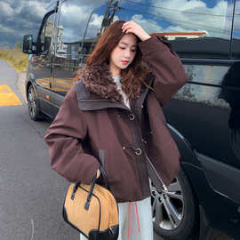 韩版复古松弛感羊羔毛大翻领派克棉服女冬季2025新款保暖棉衣外套