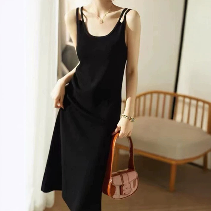 Đầm suông midi cổ yếm dây mảnh phong cách Pháp vintage — đen chi tiết 1