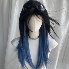 【星宿狼】かつら女全頭カバー黒グラデーション青挑染高レベル中分前髪長直髪かつら