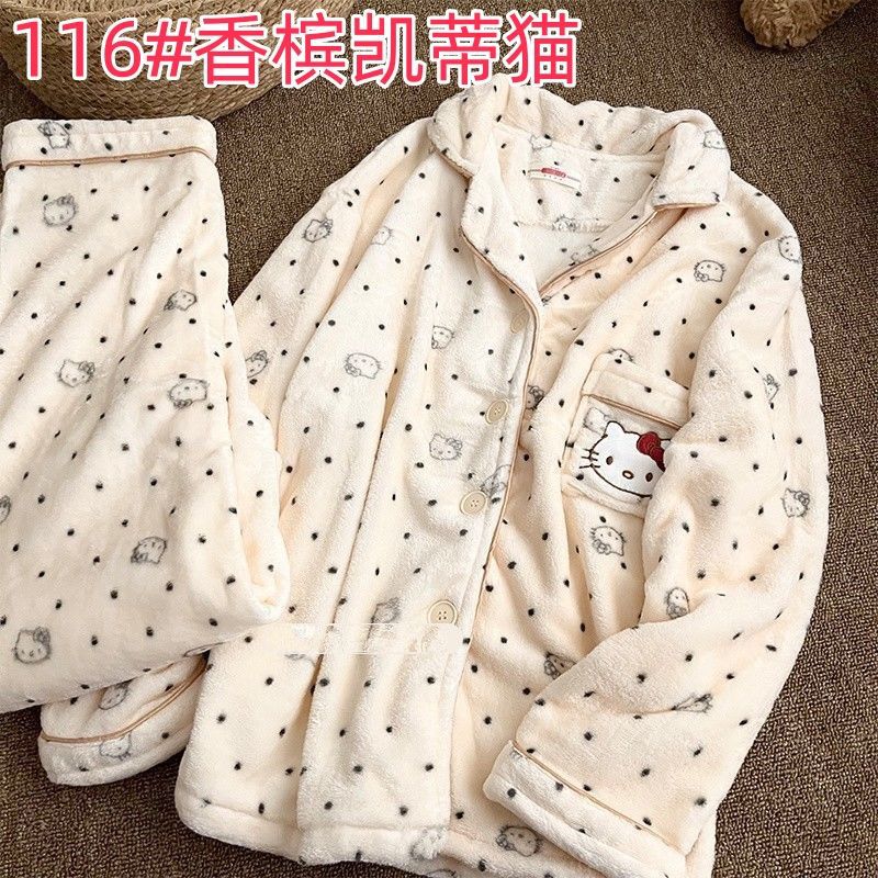 Otoño y invierno pijamas de coral de terciopelo engrosado conjunto de pijamas de dibujos animados ocio calentamiento de franela pantalones de mangas largas se pueden usar fuera