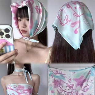 Hand-Painted Graffiti Hello Kitty Headscarf Sexy Y2K Chest Wrap Summer Street Hip-Hop Square Scarf Multi-Functional Silk Scarf