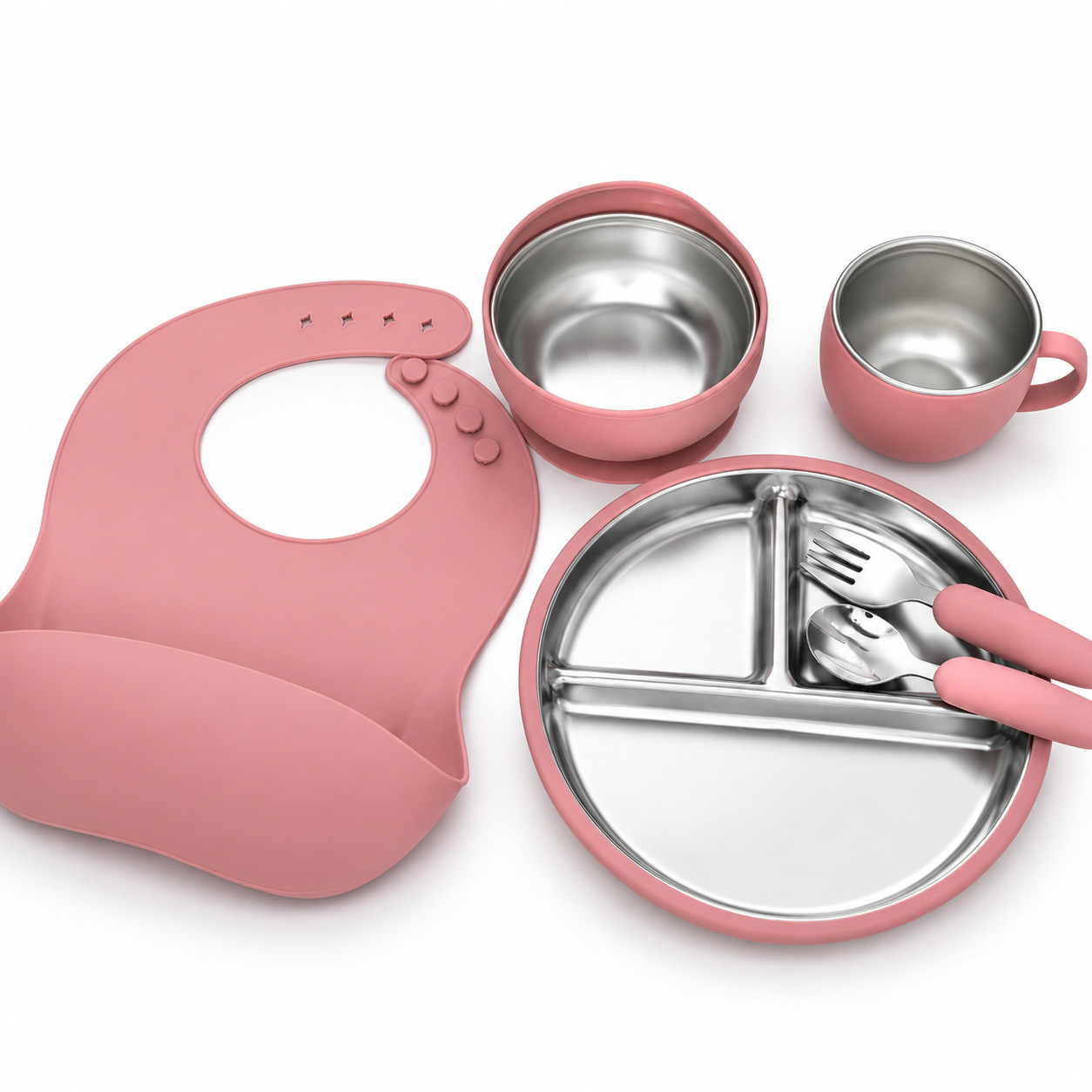 Transfronterizos de cubiertos de acero inoxidable para niños cubiertos de silicona cubiertos de alimentación infantil de seis piezas