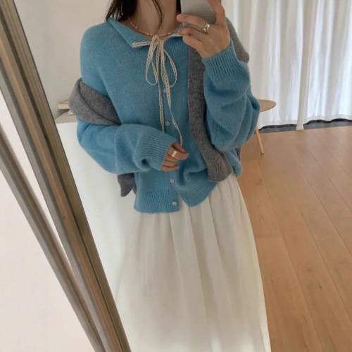 2025 Korean-style belt lace collar sweater women's autumn and winter new versatile soft and fluffy knit base jacket