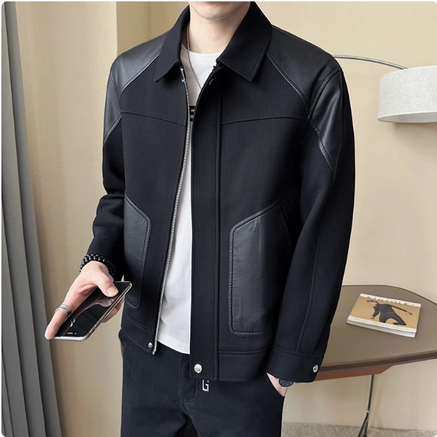 Neue Lederjacke für Herren im Frühling und Herbst, modische, trendige Marken-Strickjacke mit Spleißen, Freizeitjacke für Herren im Frühling_voghion.com
