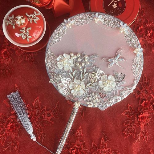 Chinese classical handmade ice blue happy fan bride showhe dress wedding fan engagement fan DIY material pack