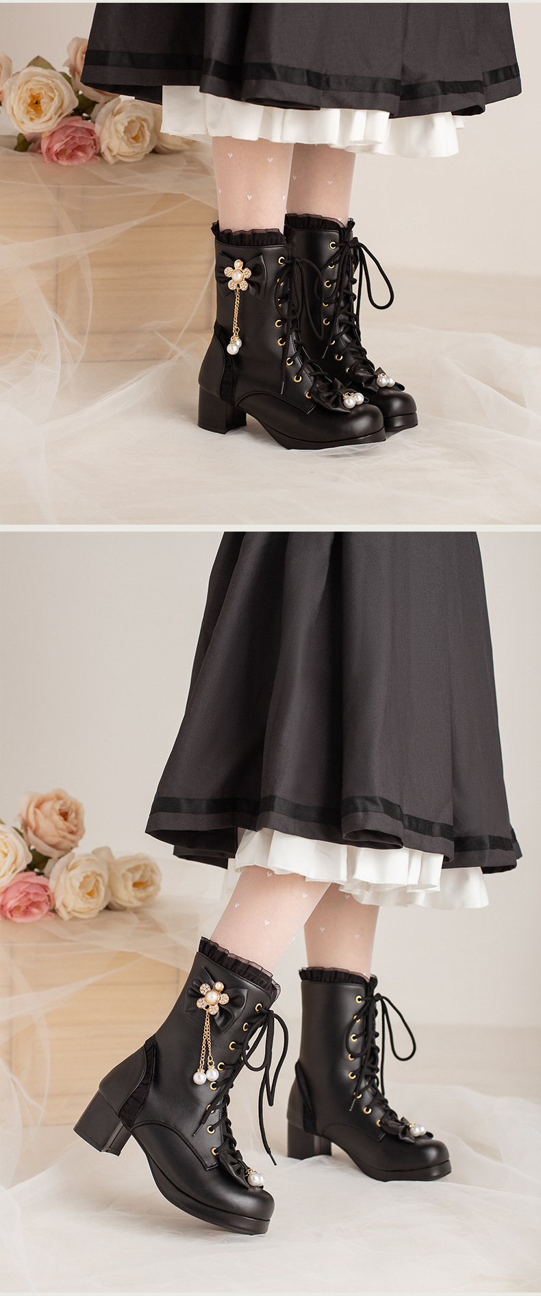 Female Bow Thick Heeled Short Boots Lolita Shoes