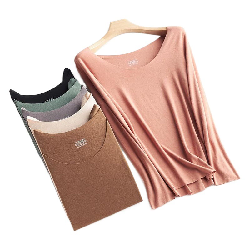 Женский комплект термобелья для осени и зимы, тонкий, с начесом, теплосберегающий, с круглым вырезом, однотонный, облегающий, нижнее белье, комплект из верхней и нижней части.