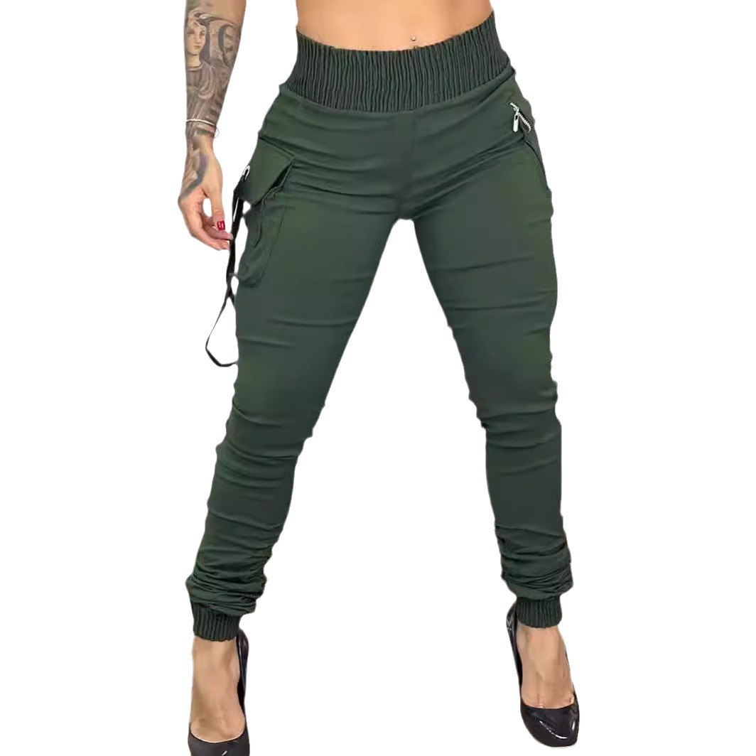 Ženska oblačila, enobarvne ženske hlače za delo, priložnostne elastične hlače z zadrgo in torbico_voghion.com