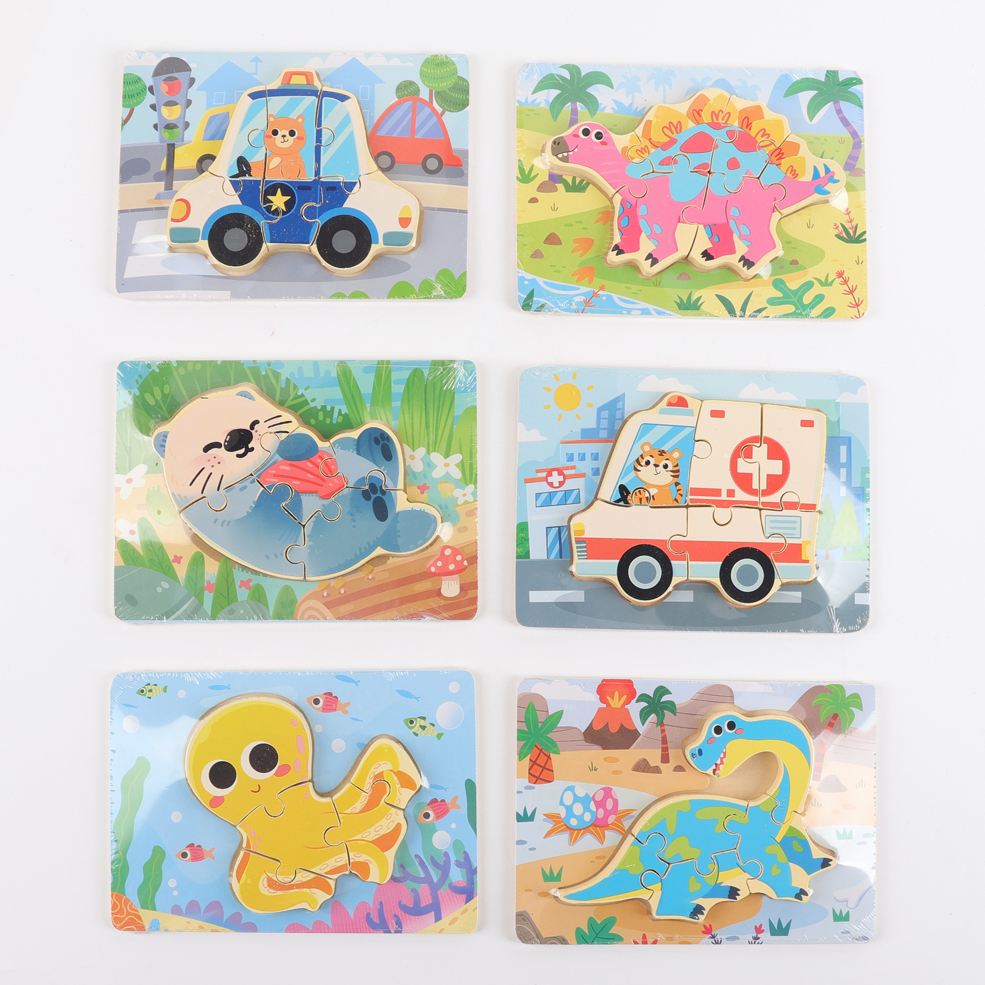 Puzzle de madera plano pequeño puzzle infantil juguetes de dibujos animados animales de tráfico cognitivo bloque al por mayor