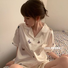 冰丝睡衣女夏季薄款短袖短裤夏天可爱少女蝴蝶印花休闲家居服套装