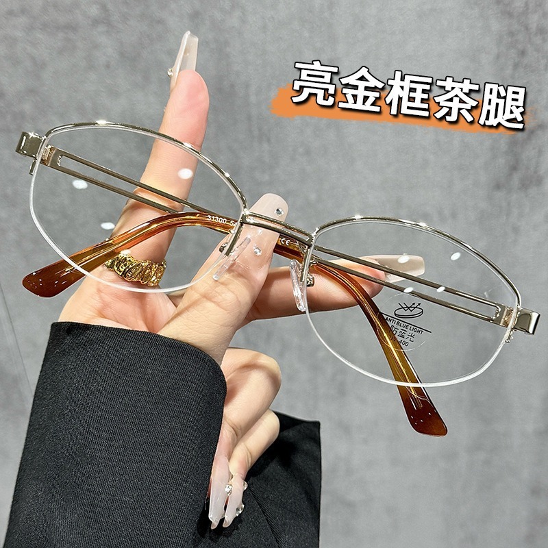 复古老钱风金丝半框眼镜女近视可配度数金属椭圆框防蓝光平光眼镜|undefined