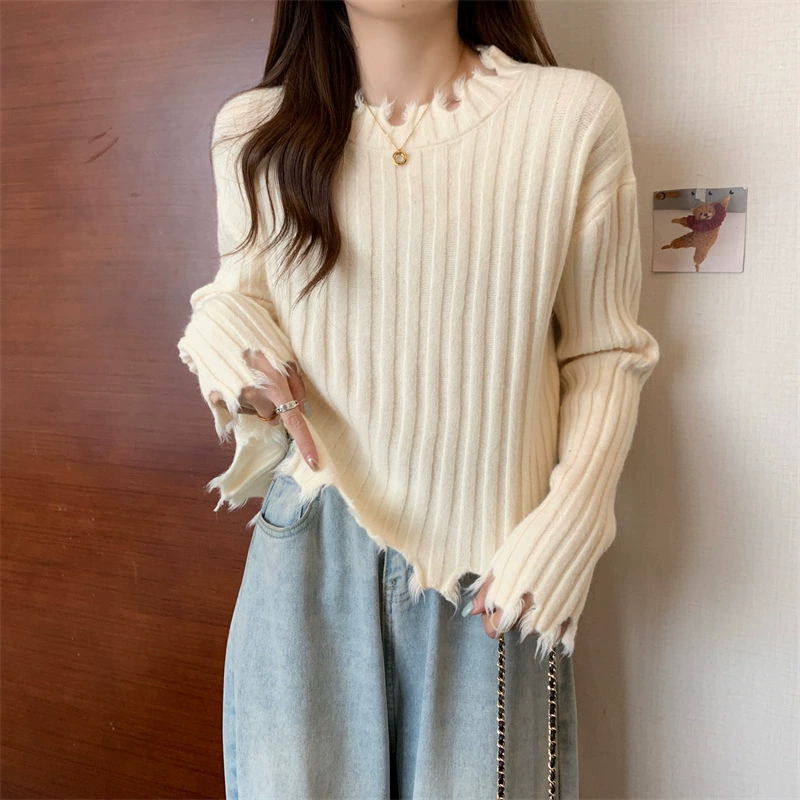 Ретро нерегулярный шерстяной дизайн свитер женский 2024 осень и зима корейская мода ленивый ветер топ высокого уровня
