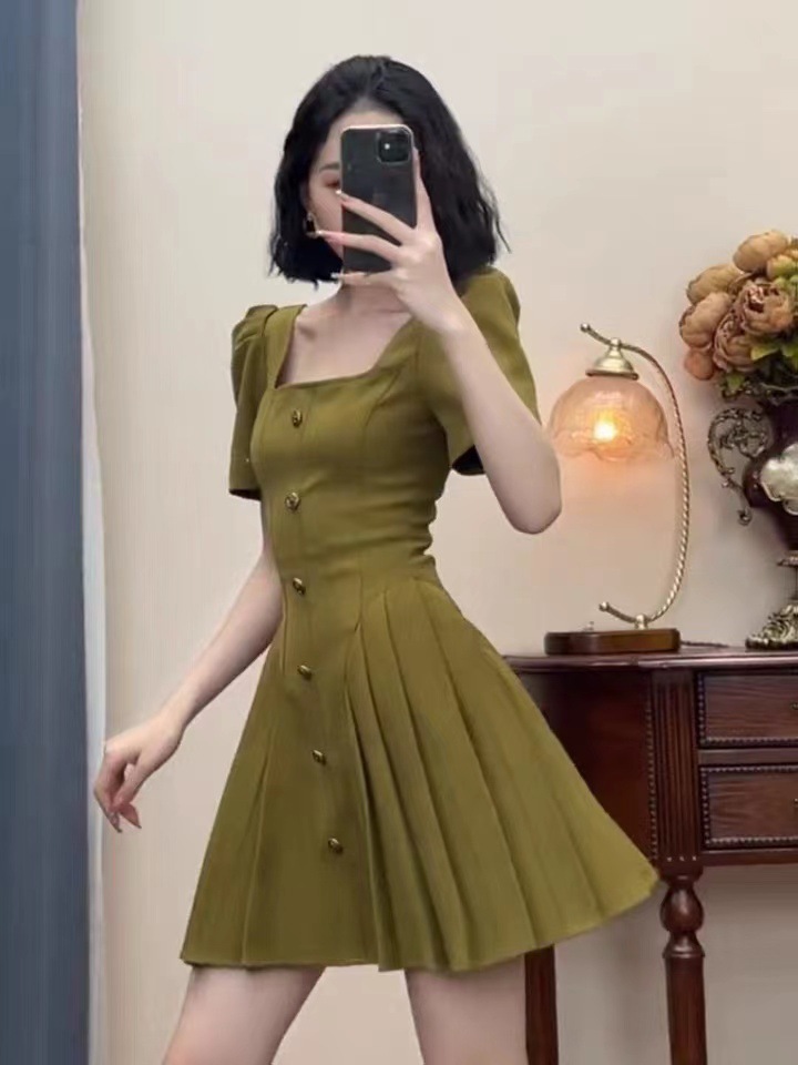 Đầm nữ cổ vuông kiểu Pháp chít eo tôn dáng — Màu xanh lá dáng dài, Màu xanh lục mẫu ngắn, Màu đen mẫu ngắn