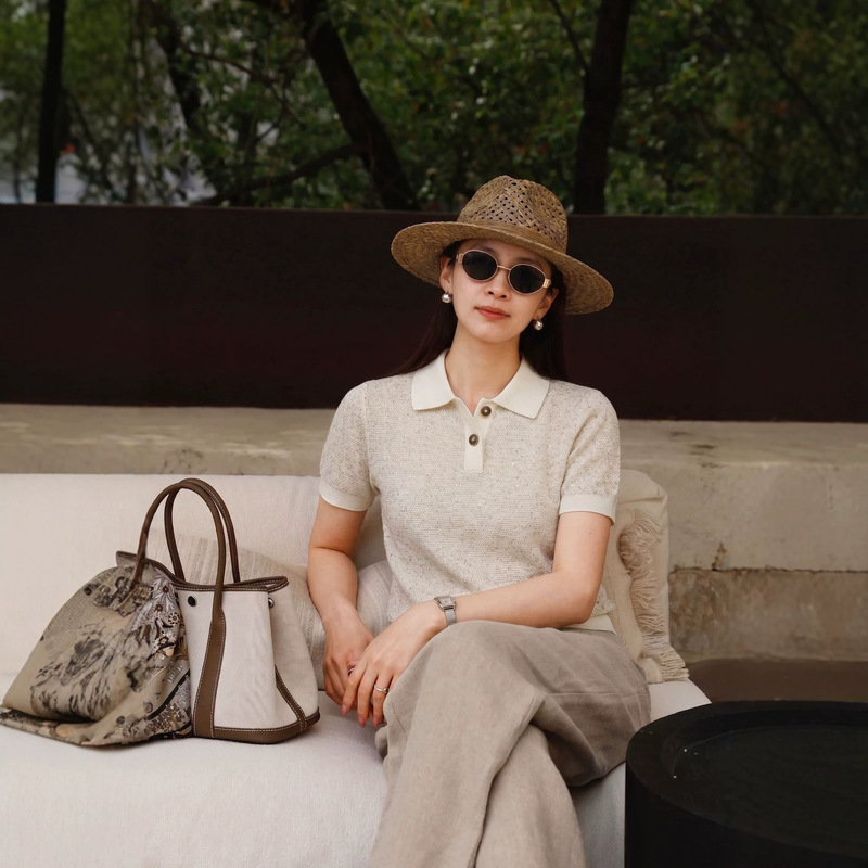Bc2026 Old Money Style Linen Blend Polo Collar Knit Short-Sleeve Women's Top with Sequins, Cross-Border Foreign Trade European and American Women's Clothing Bc2026 Old Money Style Linen Blend Polo Collar Knit Short-Sleeve Women's Top with Sequins, Cross-Border Foreign Trade European and American Women's Clothing