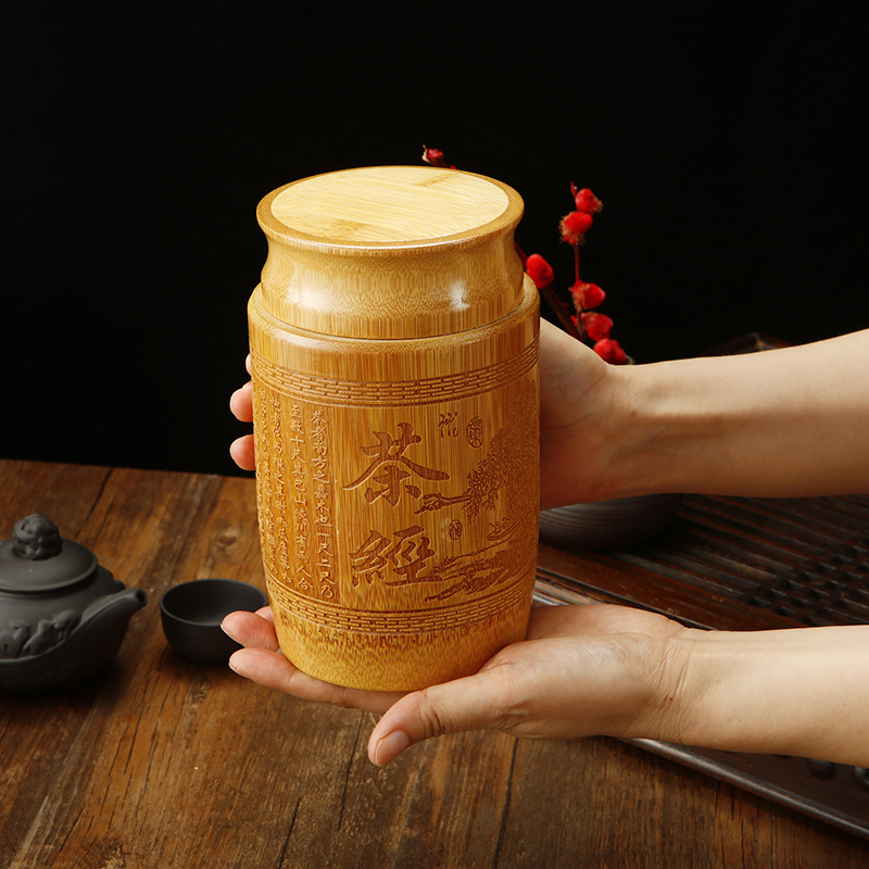 Large bamboo tea can, tea cylinder sealed can, moisture-proof bamboo carving storage tea can, awakening tea can, tea can, support customization