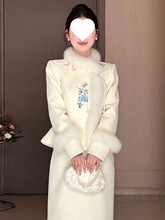 高奢中国风古韵刺绣毛领呢子外套半身裙秋冬款加棉加厚气质小套装