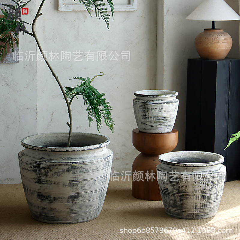Nuevo tipo simple de maceta de cemento gran boca ancha sala de estar doméstica centro comercial suelo interior gran calibre maceta de plantación verde