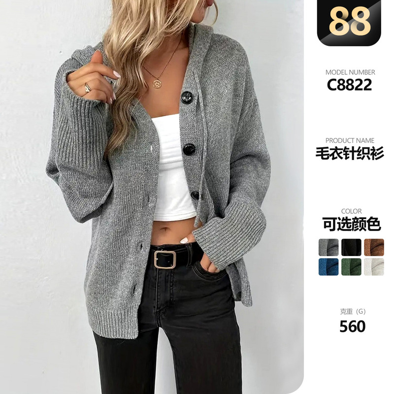 Women's Clothing European and American Style Amazon Temu2025 Autumn Knit Sweater Women's Jacket Hooded Long-Sleeve Simple Versatile