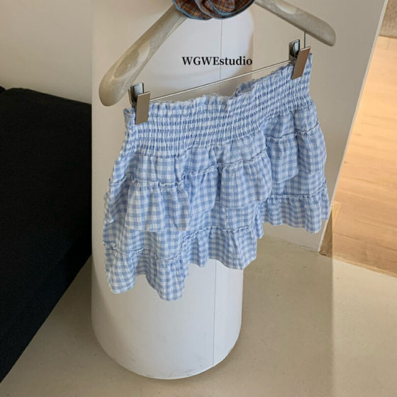 WGWE All-Match Tight Waist Slimming Plaid Cake Skirt Women's Spring and Summer Small Sweet A- Line Shaggy Skirt Short Skirt