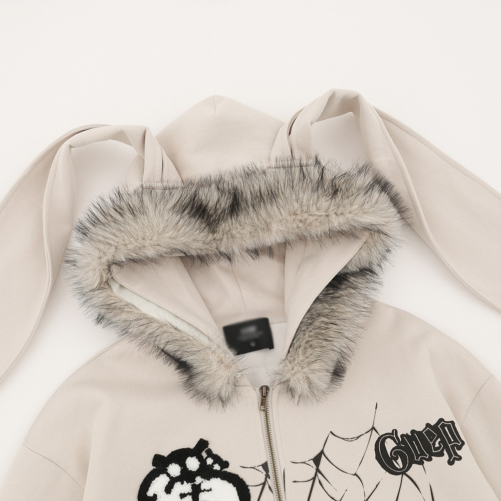 Dark Style High Street Spider Web Cartoon Kapuzenjacke mit langen Ohren für Herren mit abnehmbarem Pelzkragen und Zwei-Wege-Reißverschluss_voghion.com