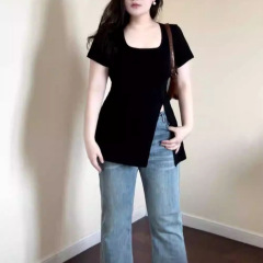 大きいサイズの微太ったmm純欲正肩の方襟半袖tシャツ女性の夏のデザイン感があります。