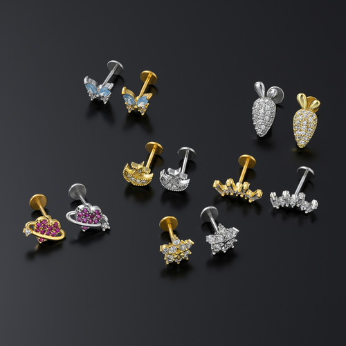 European and American piercing stainless steel rod zircon lip nail flat bottom threaded cartilage nail removable simple trendy ear jewelry wholesale